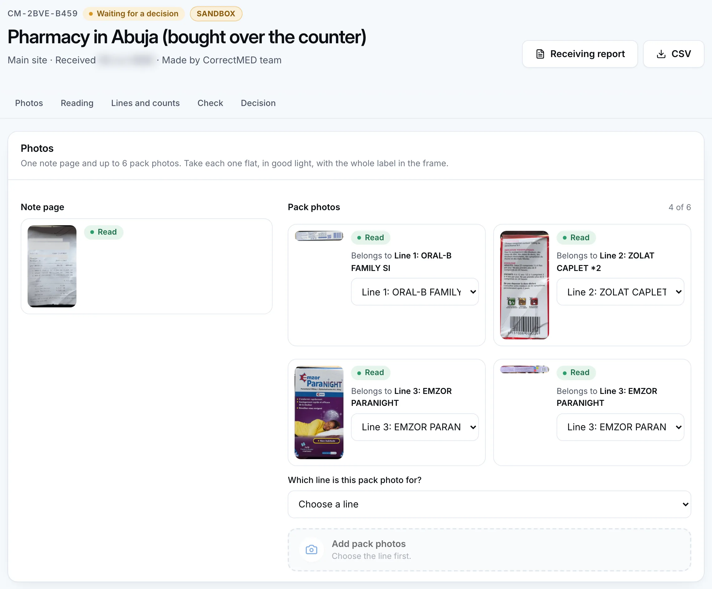 The CorrectMED receipt page: the receipt header with its audit ID and status, and the Photos section listing the note page and four pack photos with the line each belongs to.