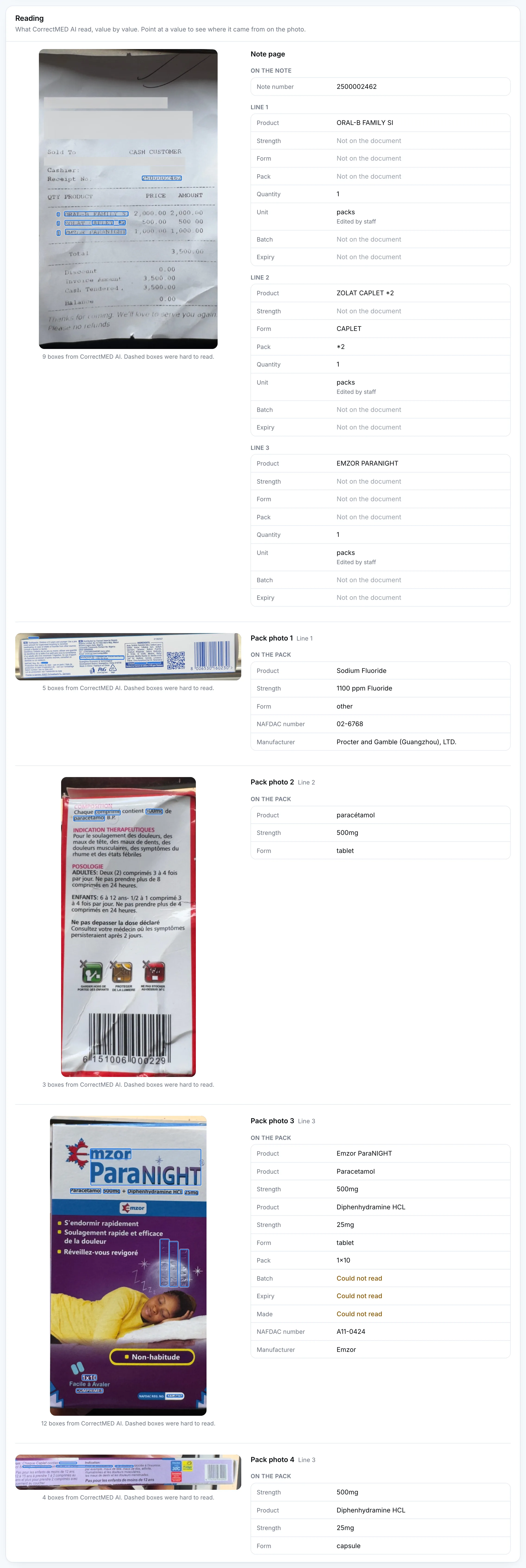 The Reading section of the receipt page: each photo with its boxes and the values CorrectMED AI read from it, clear and unclear.