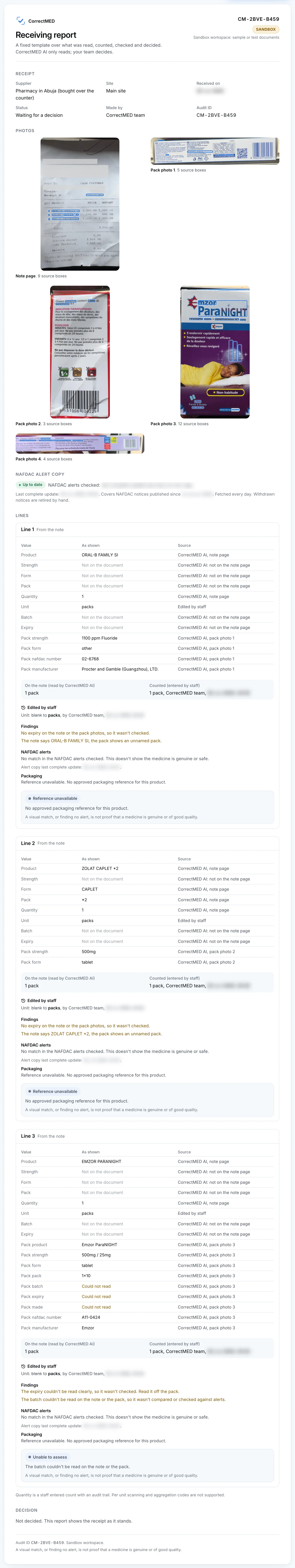 The receiving report page for the receipt: the lines, results, findings and the limits line.