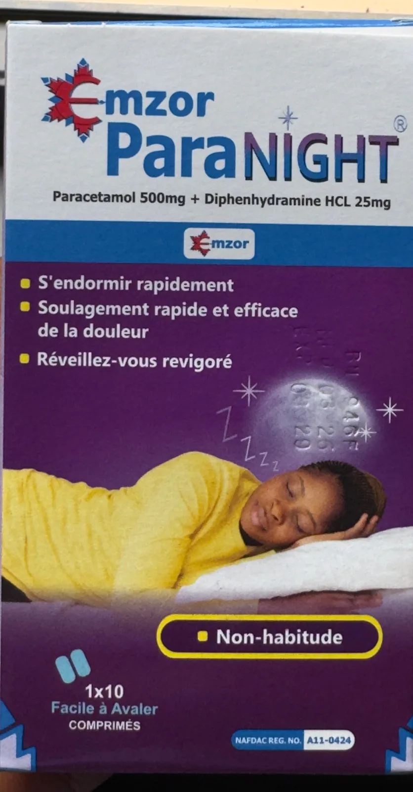 The front of the Emzor ParaNight carton: the name, paracetamol 500mg with diphenhydramine HCL 25mg, a sleeping woman, the NAFDAC number, and a batch, manufacture and expiry block embossed on the moon graphic.