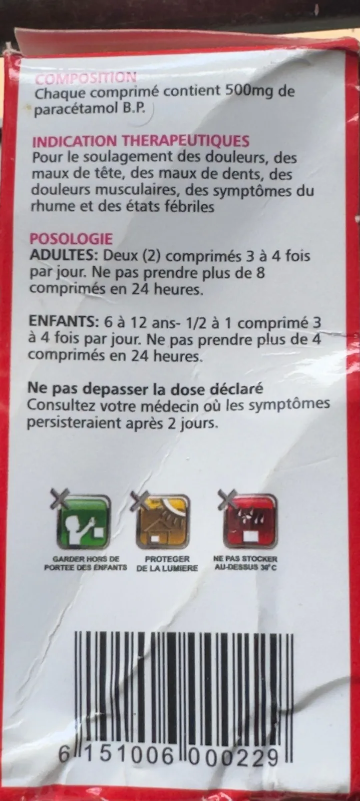 The back panel of a red paracetamol carton in French: composition, therapeutic indication, dosage, three storage symbols and a barcode.