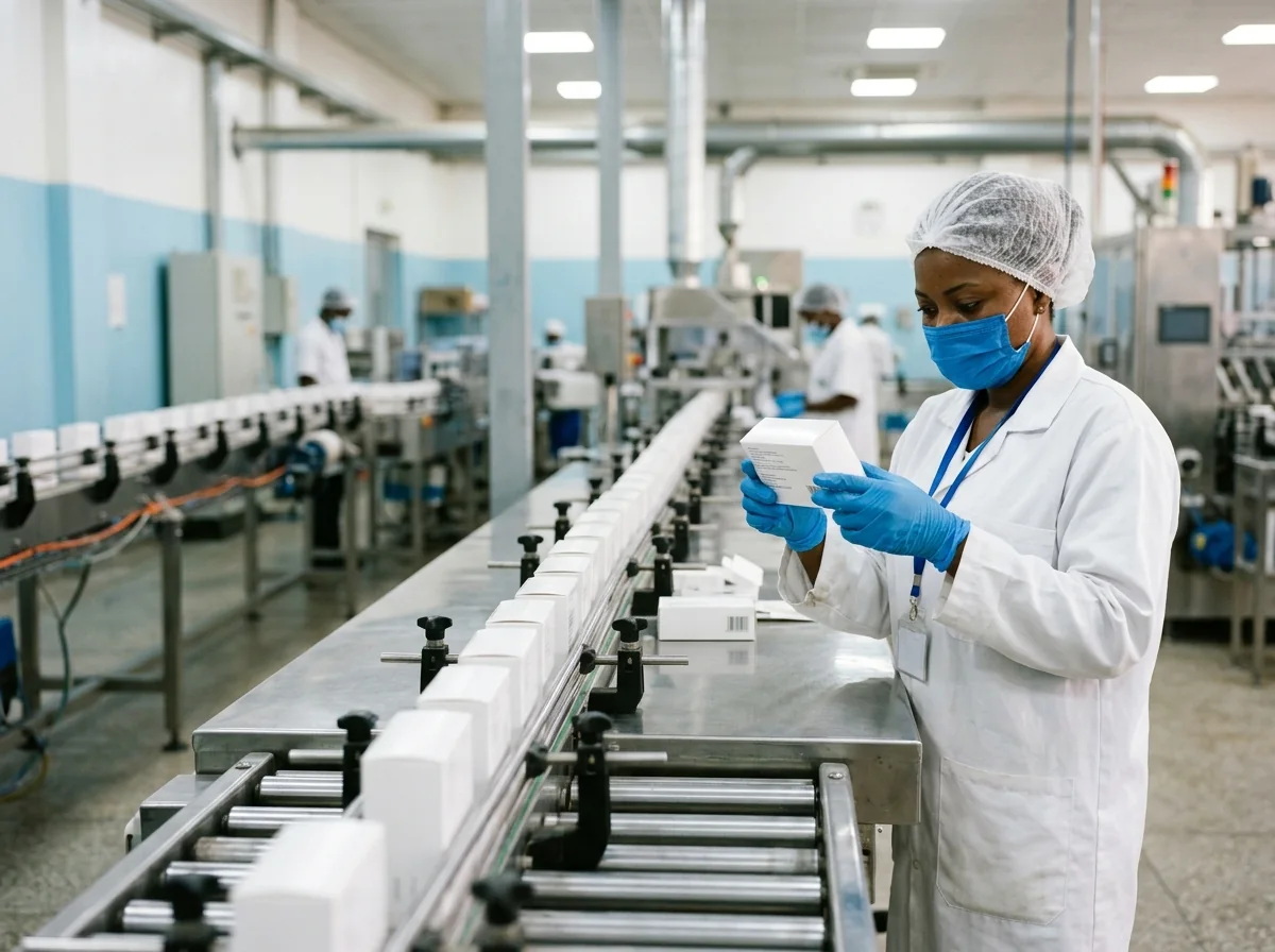 A line worker in a hairnet, mask and gloves inspects a carton on a packaging line.