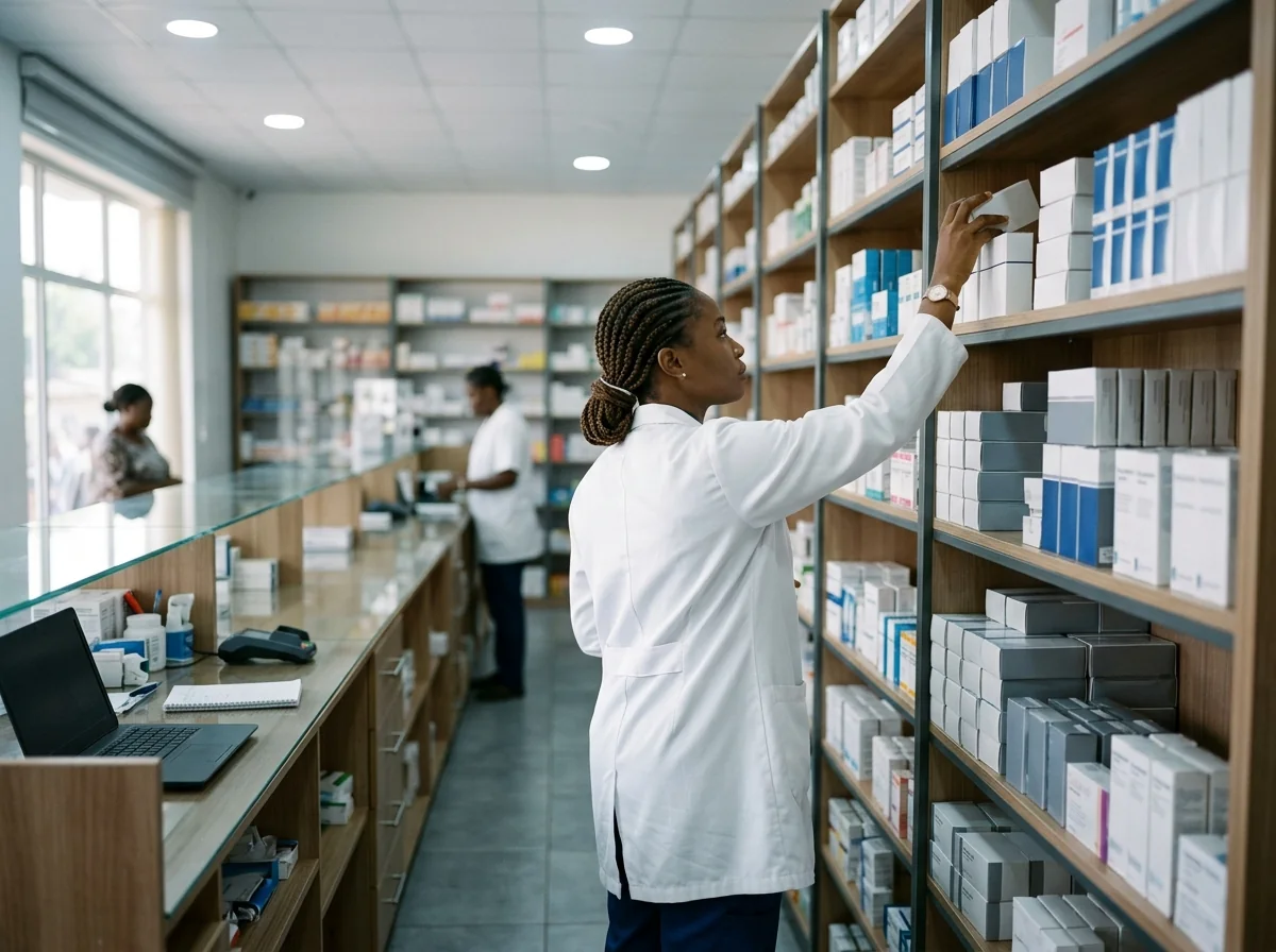 A pharmacist restocks a shelf of medicine boxes in a pharmacy.